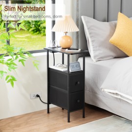 LOAKEKEL Narrow Side Table with Charging Station, End Tables Living Room Set of 2, Skinny Nightstand with Fabric Drawers, Slim Sofa Table for Bedroom, Small Spaces, Couch, Black, HETNDP02BK