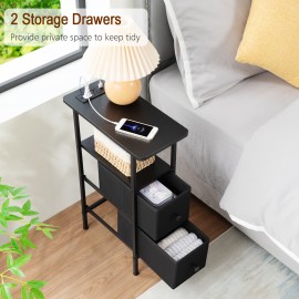 LOAKEKEL Narrow Side Table with Charging Station, End Tables Living Room Set of 2, Skinny Nightstand with Fabric Drawers, Slim Sofa Table for Bedroom, Small Spaces, Couch, Black, HETNDP02BK