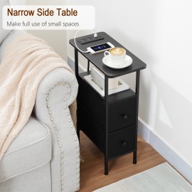 LOAKEKEL Narrow Side Table with Charging Station, End Tables Living Room Set of 2, Skinny Nightstand with Fabric Drawers, Slim Sofa Table for Bedroom, Small Spaces, Couch, Black, HETNDP02BK