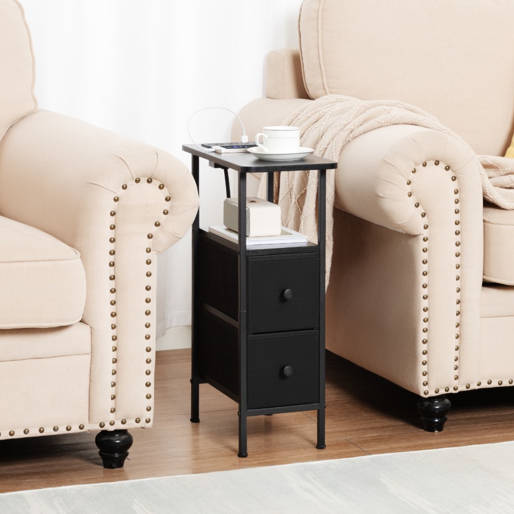 LOAKEKEL Narrow Side Table with Charging Station, End Tables Living Room Set of 2, Skinny Nightstand with Fabric Drawers, Slim Sofa Table for Bedroom, Small Spaces, Couch, Black, HETNDP02BK