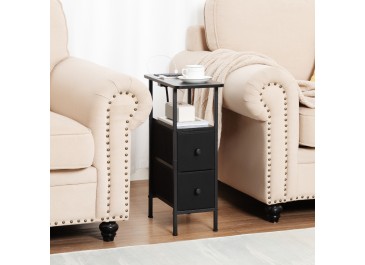 LOAKEKEL Narrow Side Table with Charging Station, End Tables Living Room Set of 2, Skinny Nightstand with Fabric Drawers, Slim Sofa Table for Bedroom, Small Spaces, Couch, Black, HETNDP02BK
