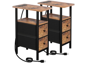 LOAKEKEL Narrow Nightstand with Charging Station, End Tables Living Room Set of 2, Skinny Side Table with Fabric Drawers, Slim Sofa Table for Bedroom, Small Spaces, Couch, Brown, HETNDP02BR