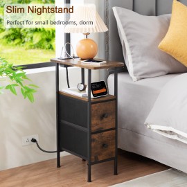 LOAKEKEL Narrow Nightstand with Charging Station, End Tables Living Room Set of 2, Skinny Side Table with Fabric Drawers, Slim Sofa Table for Bedroom, Small Spaces, Couch, Brown, HETNDP02BR