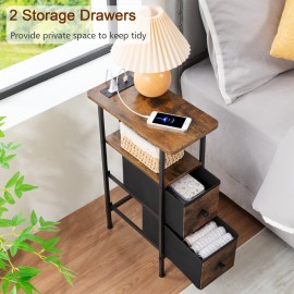 LOAKEKEL Narrow Nightstand with Charging Station, End Tables Living Room Set of 2, Skinny Side Table with Fabric Drawers, Slim Sofa Table for Bedroom, Small Spaces, Couch, Brown, HETNDP02BR