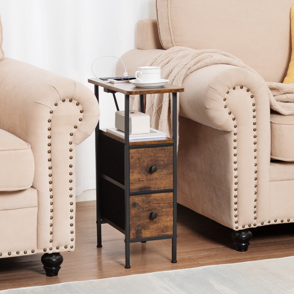 LOAKEKEL Narrow Nightstand with Charging Station, End Tables Living Room Set of 2, Skinny Side Table with Fabric Drawers, Slim Sofa Table for Bedroom, Small Spaces, Couch, Brown, HETNDP02BR