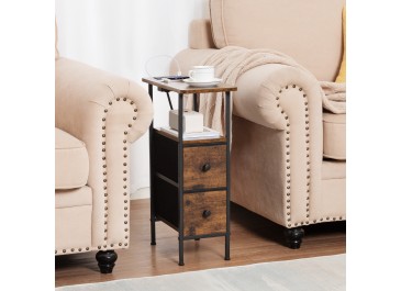LOAKEKEL Narrow Nightstand with Charging Station, End Tables Living Room Set of 2, Skinny Side Table with Fabric Drawers, Slim Sofa Table for Bedroom, Small Spaces, Couch, Brown, HETNDP02BR