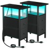 Narrow Nightstand with Charging Station, End Tables Living Room Set of 2, Skinny Side Table with Fabric Drawers, Small Sofa Table with LED Light for Bedroom, Black, HETNDP02LBK