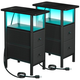 LOAKEKEL Narrow Nightstand with Charging Station, End Tables Living Room Set of 2, Skinny Side Table with Fabric Drawers, Small Sofa Table with LED Light for Bedroom, Black, HETNDP02LBK