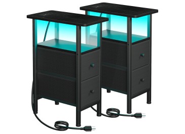 LOAKEKEL Narrow Nightstand with Charging Station, End Tables Living Room Set of 2, Skinny Side Table with Fabric Drawers, Small Sofa Table with LED Light for Bedroom, Black, HETNDP02LBK