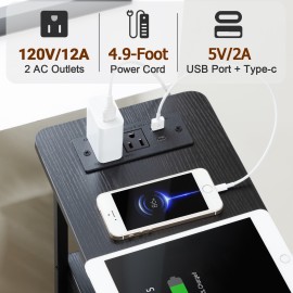 LOAKEKEL Narrow Nightstand with Charging Station, End Tables Living Room Set of 2, Skinny Side Table with Fabric Drawers, Small Sofa Table with LED Light for Bedroom, Black, HETNDP02LBK