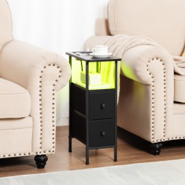 LOAKEKEL Narrow Nightstand with Charging Station, End Tables Living Room Set of 2, Skinny Side Table with Fabric Drawers, Small Sofa Table with LED Light for Bedroom, Black, HETNDP02LBK