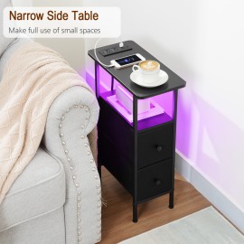 LOAKEKEL Narrow Nightstand with Charging Station, End Tables Living Room Set of 2, Skinny Side Table with Fabric Drawers, Small Sofa Table with LED Light for Bedroom, Black, HETNDP02LBK