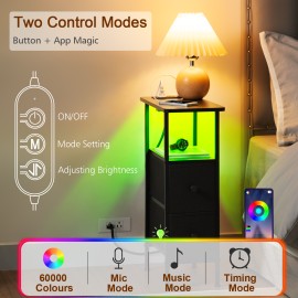 LOAKEKEL Narrow Nightstand with Charging Station, End Tables Living Room Set of 2, Skinny Side Table with Fabric Drawers, Small Sofa Table with LED Light for Bedroom, Black, HETNDP02LBK