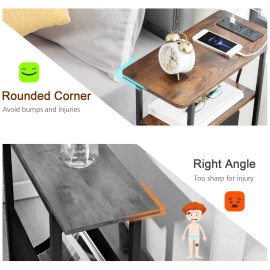 LOAKEKEL Narrow Nightstand with Charging Station, End Tables Living Room Set of 2, Skinny Side Table with Fabric Drawers, Small Sofa Table with LED Light for Bedroom, Brown, HETNDP02LBR