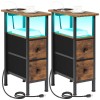 Narrow Nightstand with Charging Station, End Tables Living Room Set of 2, Skinny Side Table with Fabric Drawers, Small Sofa Table with LED Light for Bedroom, Brown, HETNDP02LBR