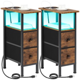 LOAKEKEL Narrow Nightstand with Charging Station, End Tables Living Room Set of 2, Skinny Side Table with Fabric Drawers, Small Sofa Table with LED Light for Bedroom, Brown, HETNDP02LBR