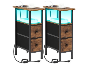 LOAKEKEL Narrow Nightstand with Charging Station, End Tables Living Room Set of 2, Skinny Side Table with Fabric Drawers, Small Sofa Table with LED Light for Bedroom, Brown, HETNDP02LBR