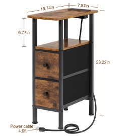 LOAKEKEL Narrow Nightstand with Charging Station, End Tables Living Room Set of 2, Skinny Side Table with Fabric Drawers, Small Sofa Table with LED Light for Bedroom, Brown, HETNDP02LBR