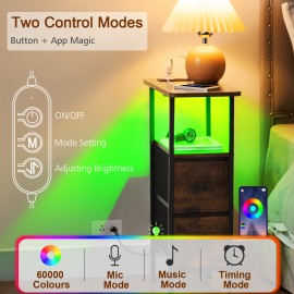 LOAKEKEL Narrow Nightstand with Charging Station, End Tables Living Room Set of 2, Skinny Side Table with Fabric Drawers, Small Sofa Table with LED Light for Bedroom, Brown, HETNDP02LBR