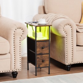 LOAKEKEL Narrow Nightstand with Charging Station, End Tables Living Room Set of 2, Skinny Side Table with Fabric Drawers, Small Sofa Table with LED Light for Bedroom, Brown, HETNDP02LBR