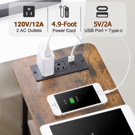 LOAKEKEL Narrow Nightstand with Charging Station, End Tables Living Room Set of 2, Skinny Side Table with Fabric Drawers, Small Sofa Table with LED Light for Bedroom, Brown, HETNDP02LBR