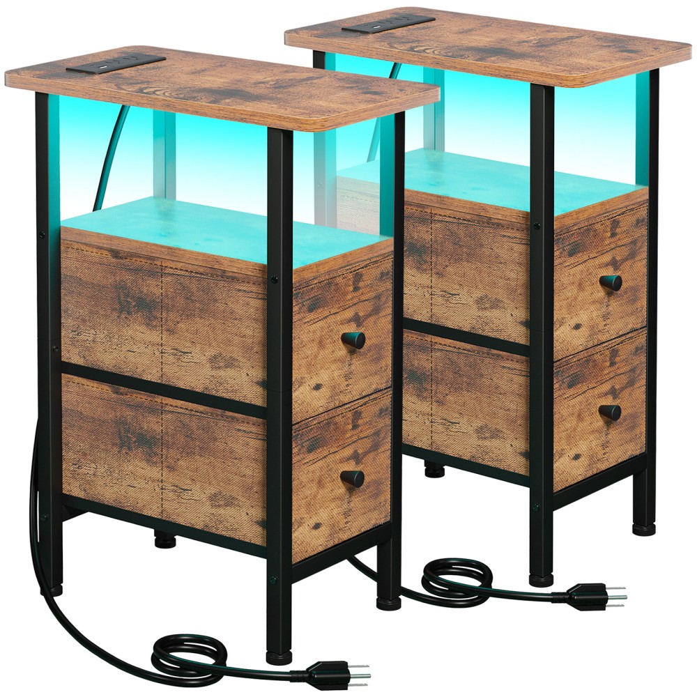 LOAKEKEL Narrow Nightstand with Charging Station, End Tables Living Room Set of 2, Skinny Side Table with Fabric Drawers, Small Sofa Table with LED Light for Bedroom, Rustic Brown, HETNDP02LPBR