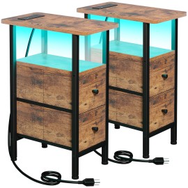 LOAKEKEL Narrow Nightstand with Charging Station, End Tables Living Room Set of 2, Skinny Side Table with Fabric Drawers, Small Sofa Table with LED Light for Bedroom, Rustic Brown, HETNDP02LPBR