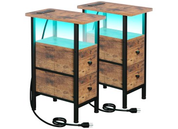 LOAKEKEL Narrow Nightstand with Charging Station, End Tables Living Room Set of 2, Skinny Side Table with Fabric Drawers, Small Sofa Table with LED Light for Bedroom, Rustic Brown, HETNDP02LPBR