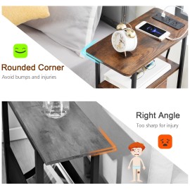 LOAKEKEL Narrow Nightstand with Charging Station, End Tables Living Room Set of 2, Skinny Side Table with Fabric Drawers, Small Sofa Table with LED Light for Bedroom, Rustic Brown, HETNDP02LPBR