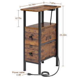 LOAKEKEL Narrow Nightstand with Charging Station, End Tables Living Room Set of 2, Skinny Side Table with Fabric Drawers, Small Sofa Table with LED Light for Bedroom, Rustic Brown, HETNDP02LPBR