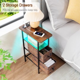 LOAKEKEL Narrow Nightstand with Charging Station, End Tables Living Room Set of 2, Skinny Side Table with Fabric Drawers, Small Sofa Table with LED Light for Bedroom, Rustic Brown, HETNDP02LPBR