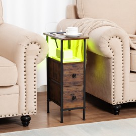 LOAKEKEL Narrow Nightstand with Charging Station, End Tables Living Room Set of 2, Skinny Side Table with Fabric Drawers, Small Sofa Table with LED Light for Bedroom, Rustic Brown, HETNDP02LPBR