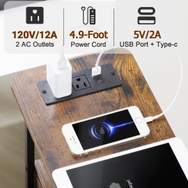 LOAKEKEL Narrow Nightstand with Charging Station, End Tables Living Room Set of 2, Skinny Side Table with Fabric Drawers, Small Sofa Table with LED Light for Bedroom, Rustic Brown, HETNDP02LPBR