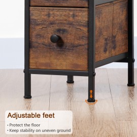 LOAKEKEL Narrow Nightstand with Charging Station, End Tables Living Room Set of 2, Skinny Side Table with Fabric Drawers, Small Sofa Table with LED Light for Bedroom, Rustic Brown, HETNDP02LPBR