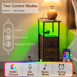 LOAKEKEL Narrow Nightstand with Charging Station, End Tables Living Room Set of 2, Skinny Side Table with Fabric Drawers, Small Sofa Table with LED Light for Bedroom, Rustic Brown, HETNDP02LPBR