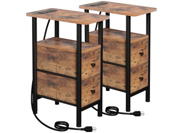 LOAKEKEL Narrow Nightstand with Charging Station, End Tables Living Room Set of 2, Skinny Side Table with Fabric Drawers, Slim Sofa Table for Bedroom, Small Spaces, Couch, Rustic Brown, HETNDP02PBR