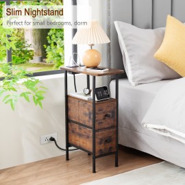 LOAKEKEL Narrow Nightstand with Charging Station, End Tables Living Room Set of 2, Skinny Side Table with Fabric Drawers, Slim Sofa Table for Bedroom, Small Spaces, Couch, Rustic Brown, HETNDP02PBR