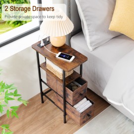 LOAKEKEL Narrow Nightstand with Charging Station, End Tables Living Room Set of 2, Skinny Side Table with Fabric Drawers, Slim Sofa Table for Bedroom, Small Spaces, Couch, Rustic Brown, HETNDP02PBR
