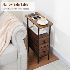 LOAKEKEL Narrow Nightstand with Charging Station, End Tables Living Room Set of 2, Skinny Side Table with Fabric Drawers, Slim Sofa Table for Bedroom, Small Spaces, Couch, Rustic Brown, HETNDP02PBR