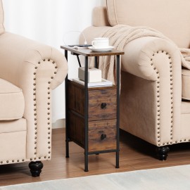 LOAKEKEL Narrow Nightstand with Charging Station, End Tables Living Room Set of 2, Skinny Side Table with Fabric Drawers, Slim Sofa Table for Bedroom, Small Spaces, Couch, Rustic Brown, HETNDP02PBR