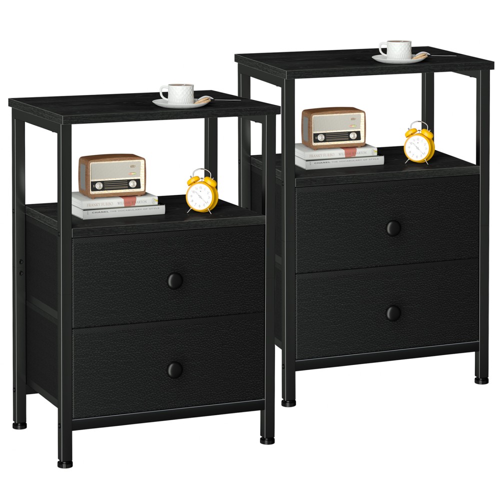 Set of 2 Nightstand with Fabric Drawers Black HETS002BK