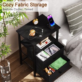 Set of 2 Nightstand with Fabric Drawers Black HETS002BK