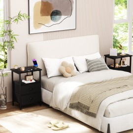 Set of 2 Nightstand with Fabric Drawers Black HETS002BK