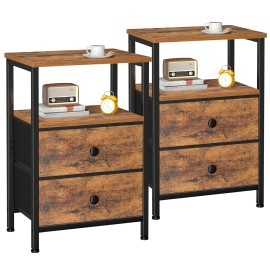 Set of 2 Nightstand with Fabric Drawers Rustic Brown HETS002BR
