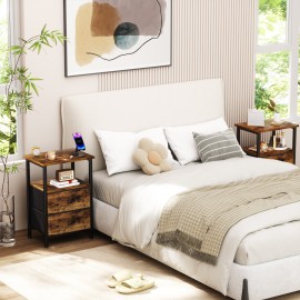 Set of 2 Nightstand with Fabric Drawers Rustic Brown HETS002BR