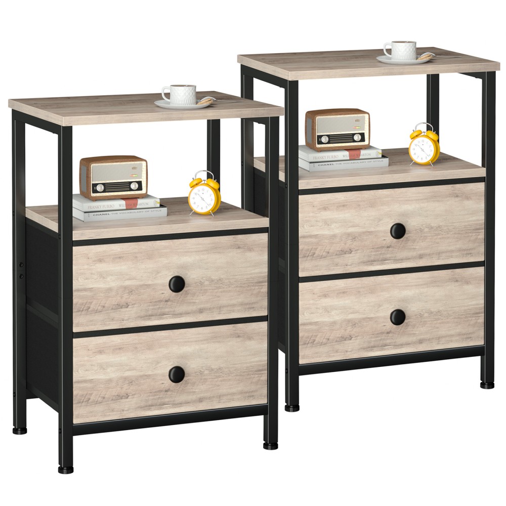 Set of 2 Nightstand with Fabric Drawers Gray HETS002GY
