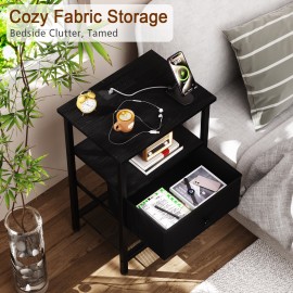 LOAKEKEL Night Stand with Charging Station, Small Bedside Table with Fabric Drawer, Nightstand with USB Ports & Outlets for Bedroom, Living Room, Black, HETS010BK-1