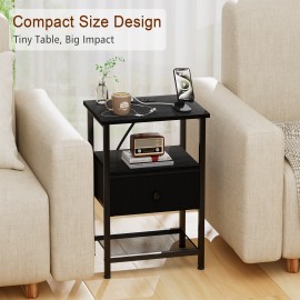LOAKEKEL Night Stand with Charging Station, Small Bedside Table with Fabric Drawer, Nightstand with USB Ports & Outlets for Bedroom, Living Room, Black, HETS010BK-1