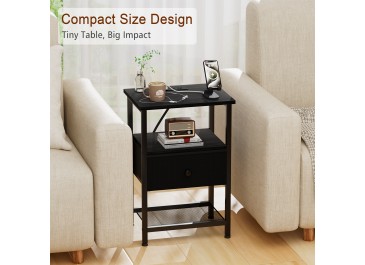 LOAKEKEL Night Stand with Charging Station, Small Bedside Table with Fabric Drawer, Nightstand with USB Ports & Outlets for Bedroom, Living Room, Black, HETS010BK-1