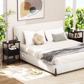 LOAKEKEL Night Stand with Charging Station, Small Bedside Table with Fabric Drawer, Nightstand with USB Ports & Outlets for Bedroom, Living Room, Black, HETS010BK-1